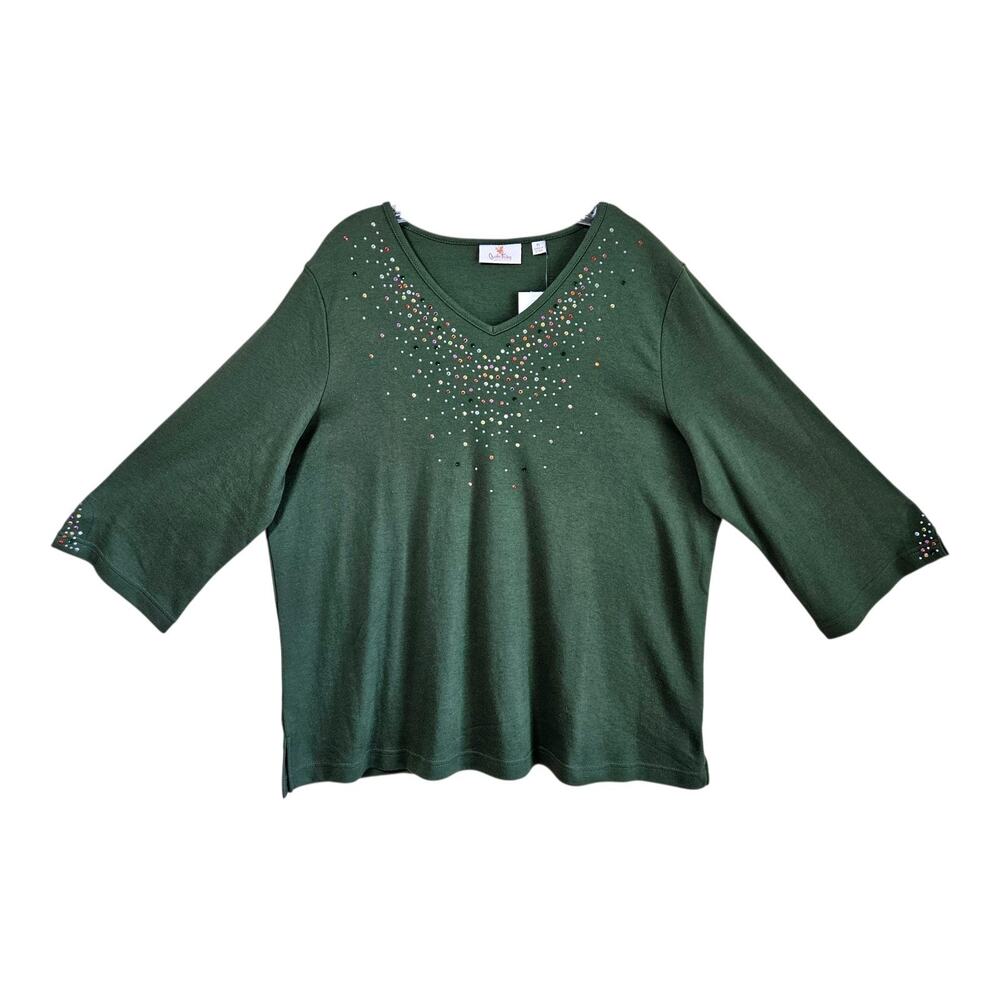 QUACKER FACTORY Women XL Tunic Top Green Scatter Multicolor Beads 3/4 Sleeve 48"